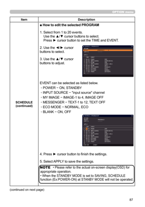 Page 8787
OPTION menu
ItemDescription
SCHEDULE  (continued)
■ How to edit the selected PROGRAM
1.   Select from 1 to 20 events.  
Use the ▲/▼ cursor buttons to select.  
Press ► cursor button to set the TIME and EVENT.
2. Use the ◄/► cursor   
buttons to select.
3. Use the ▲/▼ cursor   
buttons to adjust.
EVENT can be selected as listed below.
◦ POWER − ON, STANDBY
◦ INPUT SOURCE − "input source" channel
◦ MY IMAGE − IMAGE-1 to 4, IMAGE OFF
◦ MESSENGER − TEXT-1 to 12, TEXT OFF
◦   ECO MODE −   NORMAL,...