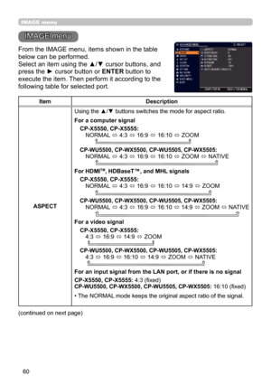 Page 6060
IMAGE menu
IMAGE menu
From the IMAGE menu, items shown in the table 
below can be performed.
Select an item using the ▲/▼ cursor buttons, and 
press the ► cursor button or ENTER button to 
execute the item. Then perform it according to the 
following table for selected port.
ItemDescription
ASPECT Using the ▲/▼ buttons switches the mode for aspect ratio.
 
For a computer signal CP-X5550, CP-X5555:   
  NORMAL 
ó 4:3 
ó 16:9 
ó 16:10 
ó ZOOM 
 
        
CP-WU5500, CP-WX5500, CP-WU5505, CP-WX5505:...