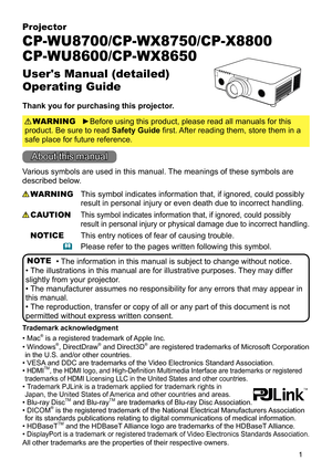 Page 11
Projector
CP-WU8700/CP-WX8750/CP-X8800
CP-WU8600/CP-WX8650
User's Manual (detailed)  
Operating Guide
Thank you for purchasing this projector.
►Before using this product, please read all manuals for this 
product. Be sure to read Safety Guide first. After reading them, store them in a 
safe place for future reference. WARNING
NOTE
Trademark acknowledgment
Various symbols are used in this manual. The meanings of these symbols are 
described below. 
About this manual
WARNING
CAUTION
This symbol...
