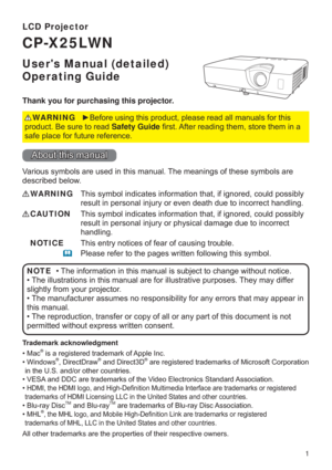 Page 11
LCD Projector
Users Manual (detailed) 
Operating Guide
Thank you for purchasing this projector.

SURGXFW%HVXUHWRUHDGSafety Guide