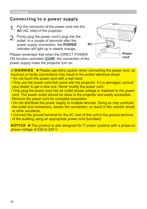 Page 1616
Connecting to a power supply
3XWWKHFRQQHFWRURIWKHSRZHUFRUGLQWRWKH
AC$&LQOHWRIWKHSURMHFWRU
)LUPO\SOXJWKHSRZHUFRUG