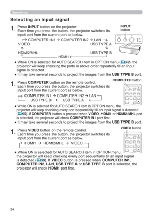 Page 2424
3UHVVINPUTEXWWRQRQWKHSURMHFWRU

LQSXWSRUWIURPWKHFXUUHQWSRUWDVEHORZ
Selecting an input signal
”:KLOH21LVVHOHFWHGIRU$8726($5&+LWHPLQ237,21PHQX59WKH
\WLOODQLQSXW
VLJQDOLVGHWHFWHG
USB TYPE BSRUW
&20387(5,1&20387(5,1/$1
86%7