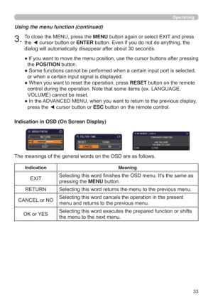 Page 33
Using the menu function (continued)
7RFORVHWKH0(18SUHVVWKHMENUEXWWRQDJDLQRUVHOHFW(;,7DQGSUHVV
WKH{FXUVRUEXWWRQRUENTEREXWWRQ(YHQLI\RXGRQRWGRDQ\WKLQJWKH

”IWHUSUHVVLQJ
WKHPOSITIONEXWWRQ
”VHOHFWHG
RUZKHQDFHUWDLQLQSXWVLJQDOLVGLVSOD\HG
”:KHQ\RXZDQWWRUHVHWWKHRSHUDWLRQSUHVVRESETEXWWRQRQWKHUHPRWH
(
92/80(FDQQRWEHUHVHW
”,QWKH$9$1&(0(18ZKHQ\RXZDQWWRUHWXUQWRWKHSUHYLRXVGLVSOD\...