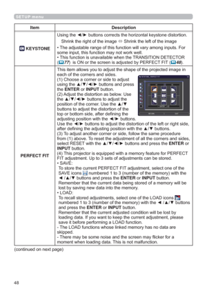 Page 4848
SETUP menu
Item Description
 KEYSTONERQ
6KULQNWKHULJKWRIWKHLPDJH
6KULQNWKHOHIWRIWKHLPDJH
