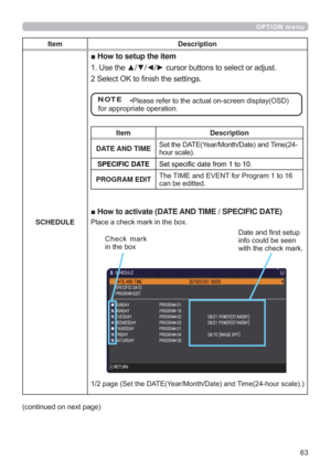 Page 63
OPTION menu
6
IRUDSSURSULDWHRSHUDWLRQ
Item Description
SCHEDULE
vHow to setup the item

6HOHFW2.WR¿QLVKWKHVHWWLQJV
NOTE
Item Description
DATE AND TIME6HWWKH$7(