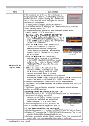 Page 7777
SECURITY menu
Item Description
TRANSITION 
DETECTOR

WKHSURMHFWRURUWKH,167$//$7,21VHWWLQJLVGLIIHUHQW
IURPWKHSUHYLRXVUHFRUGHGVHWWLQJWKH75$16,7,21
(7(&72521DODUPZLOOEHGLVSOD\HGDQGWKHLQSXW
VLJQDOZLOOQRWEHGLVSOD\HG
