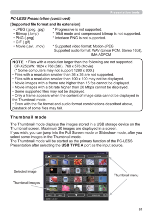 Page 8181
Presentation tools
SRUWHG
&3;/:1[6WLOO|[0RYLH

6RPHFRPSXWHUVPD\QRWVXSSRUW[
G
SOD\HG
LVSOD\HG
VSOD\HG
‡6RPHVXSSRUWHG¿OHVPD\QRWEHGLVSOD\HG
GLVSOD\HGLQ
WKH7KXPEQDLOPRGH
EHGDERYH
SOD\EDFNRIVRPH¿OHVPD\IDLO NOTE >6XSSRUWHG¿OHIRUPDWDQGLWVH[WHQVLRQ@
