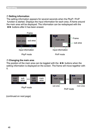 Page 4848
The position of the main area can be toggled with the ◄/► buttons when the 
setting information is displayed on the screen. The frame will move together with 
it.
  Changing the main area
main areasub areamain areasub area
The setting information appears for several seconds when the PbyP / PinP
 function is started. Displays the input information for each area. A frame around 
the main area will be displayed. The information can be redisplayed with the 
◄/► buttons after it has been erased.
...