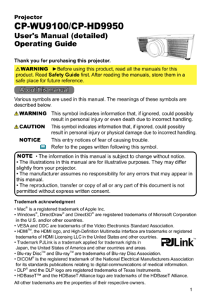 Page 11
•  Mac® is a registered trademark of Apple Inc.
•  Windows®, DirectDraw® and Direct3D® are registered trademarks of Microsoft Corporation 
in the U.S. and/or other countries.
•  VESA and DDC are trademarks of the Video Electronics Standard Association.
•  HDMITM, the HDMI logo, and High-Definition Multimedia Interface are trademarks or registered 
trademarks of HDMI Licensing LLC in the United States and other countries.
•  
Trademark PJLink is a trademark applied for trademark rights in 
Japan, the...