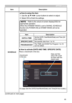 Page 8585
OPTION menu
ItemDescription
SCHEDULE
■ How to setup the item
1. Use the ▲/▼/◄/► cursor buttons to select or adjust.
2. Select OK to finish the settings.
■ How to activate (DATE AND TIME / SPECIFIC DATE)
Place a checkmark in the box.
checkmark in the box
Date and first setup info could be seen with the 
check mark.
ItemDescription
DATE & TIMESet the DATE (Year/Month/Date) and Time (24-hour scale).
SPECIFIC DATE Set specific date from 1 to 10.
PROGRAM EDITThe TIME and EVENT for Program 1 to 16 can be...