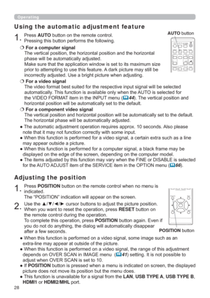 Page 2828
Operating
3UHVVPOSITIONEXWWRQRQWKHUHPRWHFRQWUROZKHQQRPHQXLV
LQGLFDWHG

Adjusting the position

:KHQ\RXZDQWWRUHVHWWKHRSHUDWLRQSUHVVRESETEXWWRQRQ
WKHUHPRWHFRQWUROGXULQJWKHRSHUDWLRQ
7RFRPSOHWHWKLVRSHUDWLRQSUHVVPOSITIONEXWWRQDJDLQ(YHQLI

DIWHUDIHZVHFRQGV
”
XFKDVDQ
H[WUDOLQHPD\DSSHDUDWRXWVLGHRIWKHSLFWXUH
”WKLVDGMXVWPHQW
GHSHQGVRQ29(56&$1LQ,0$*(PHQX
41VHWWLQJ,WLVQRWSRVVLEOHWR
DGMXVWZKHQ29(56&$1LVVHWWR...