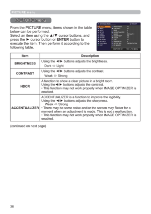 Page 36
PICTURE menu
3,&785(PHQX
)URPWKH3,&785(PHQXLWHPVVKRZQLQWKHWDEOH
EHORZFDQEHSHUIRUPHG
6HOHFWDQLWHPXVLQJWKHxzFXUVRUEXWWRQVDQG
SUHVVWKHyFXUVRUEXWWRQRUENTEREXWWRQWR
H[HFXWHWKHLWHP7KHQSHUIRUPLWDFFRUGLQJWRWKH
IROORZLQJWDEOH
FRQWLQXHGRQQH[WSDJH
Item Description
BRIGHTNESS8VLQJWKH
{yEXWWRQVDGMXVWVWKHEULJKWQHVV
DUN
/LJKW
CONTRAST8VLQJWKH
{yEXWWRQVDGMXVWVWKHFRQWUDVW
:HDN
6WURQJ...