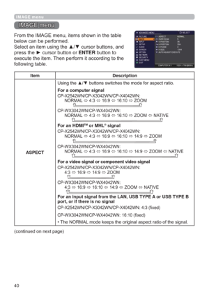 Page 4040
IMAGE menu
,0$*(PHQX
)URPWKH,0$*(PHQXLWHPVVKRZQLQWKHWDEOH
EHORZFDQEHSHUIRUPHG
6HOHFWDQLWHPXVLQJWKHxzFXUVRUEXWWRQVDQG
SUHVVWKHyFXUVRUEXWWRQRUENTEREXWWRQWR
H[HFXWHWKHLWHP7KHQSHUIRUPLWDFFRUGLQJWRWKH
IROORZLQJWDEOH
Item Description
ASPECT 
For a computer signal
&3;:1&3;:1&3;:1
1250$/



=220

&3:;:1&3:;:1
1250$/



=220
1$7,9(

For an...