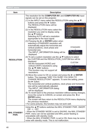 Page 4646
INPUT menu
Item Description
RESOLUTION7KHUHVROXWLRQIRUWKHCOMPUTER IN1DQGCOMPUTER IN2LQSXW
VLJQDOVFDQEHVHWRQWKLVSURMHFWRU
,QWKH,1387PHQXVHOHFWWKH5(62/87,21XVLQJWKHxz
EXWWRQVDQGSUHVVWKHyEXWWRQ
7KH5(62/87,21PHQXZLOOEH
GLVSOD\HG
,QWKH5(62/87,21PHQXVHOHFWWKH
UHVROXWLRQ\RXZLVKWRGLVSOD\XVLQJ
WKHxzEXWWRQV
6HOHFWLQJ$872ZLOOVHWDUHVROXWLRQ
DSSURSULDWHWRWKHLQSXWVLJQDO
3UHVVLQJWKHyRUENTEREXWWRQZKHQ...