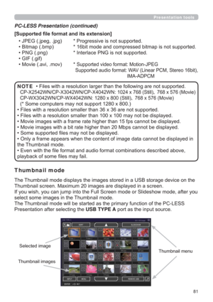 Page 8181
Presentation tools
SRUWHG
&3;:1&3;:1&3;:1[6WLOO|[0RYLH
&3:;:1&3:;:1[6WLOO|[0RYLH

6RPHFRPSXWHUVPD\QRWVXSSRUW[
G
SOD\HG
LVSOD\HG
VSOD\HG
‡6RPHVXSSRUWHG¿OHVPD\QRWEHGLVSOD\HG
GLVSOD\HGLQ
WKH7KXPEQDLOPRGH
EHGDERYH
SOD\EDFNRIVRPH¿OHVPD\IDLO NOTE >6XSSRUWHG¿OHIRUPDWDQGLWVH[WHQVLRQ@
