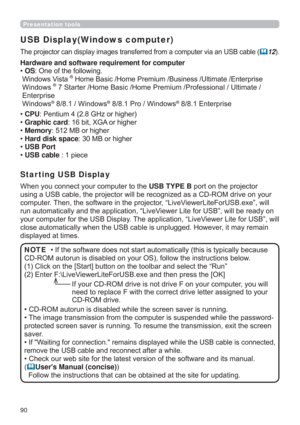 Page 9090
USB Display(Windows computer)
DDQ86%FDEOH12
:KHQ\RXFRQQHFW\RXUFRPSXWHUWRWKHUSB TYPE BSRUWRQWKHSURMHFWRU
GULYHRQ\RXU
FRPSXWHU7KHQWKHVRIWZDUHLQWKHSURMHFWRU