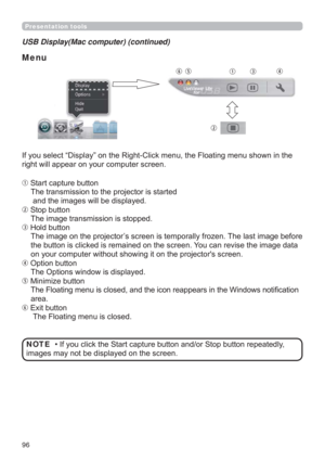 Page 9696
Presentation tools
USB Display(Mac computer) (continued)
Menu
HQXVKRZQLQWKH
ULJKWZLOODSSHDURQ\RXUFRPSXWHUVFUHHQ
.6WDUWFDSWXUHEXWWRQ
7KHWUDQVPLVVLRQWRWKHSURMHFWRULVVWDUWHG
DQGWKHLPDJHVZLOOEHGLVSOD\HG
36WRSEXWWRQ
7KHLPDJHWUDQVPLVVLRQLVVWRSSHG
$+ROGEXWWRQ
7KHLPDJHRQWKHSURMHFWRU