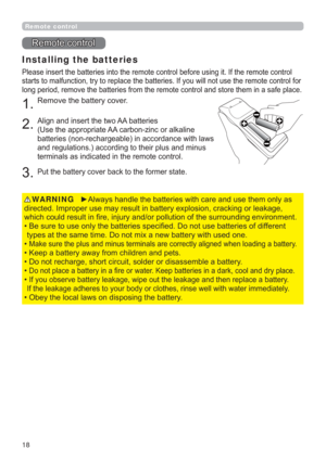 Page 1818
5HPRWHFRQWURO
Installing the batteries
JLW,IWKHUHPRWHFRQWURO
OQRWXVHWKHUHPRWHFRQWUROIRU
WRUHWKHPLQDVDIHSODFH
5HPRYHWKHEDWWHU\FRYHU
$OLJQDQGLQVHUWWKHWZR$$EDWWHULHV
8VHWKHDSSURSULDWH$$FDUERQ]LQFRUDONDOLQH


WHUPLQDOVDVLQGLFDWHGLQWKHUHPRWHFRQWURO
3XWWKHEDWWHU\FRYHUEDFNWRWKHIRUPHUVWDWH

JRUOHDNDJH
XQGLQJHQYLURQPHQW
‡VRIGLIIHUHQW

‡
HQORDGLQJDEDWWHU\
‡.HHSDEDWWHU\DZD\IURPFKLOGUHQDQGSHWV
‡
‡...