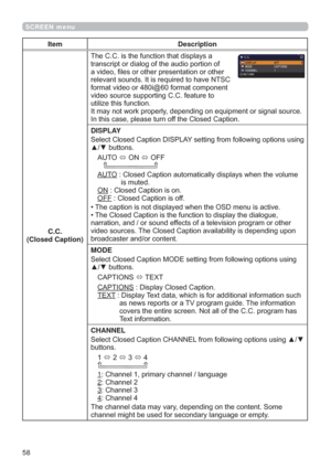 Page 5858
SCREEN menu
Item Description
C.C.
(Closed Caption)7KH&&LVWKHIXQFWLRQWKDWGLVSOD\VD
WUDQVFULSWRUGLDORJRIWKHDXGLRSRUWLRQRI
DYLGHR¿OHVRURWKHUSUHVHQWDWLRQRURWKHU
UHOHYDQWVRXQGV,WLVUHTXLUHGWRKDYH176&
IRUPDWYLGHRRUL#IRUPDWFRPSRQHQW
YLGHRVRXUFHVXSSRUWLQJ&&IHDWXUHWR
XWLOL]HWKLVIXQFWLRQ
,WPD\QRWZRUNSURSHUO\GHSHQGLQJRQHTXLSPHQWRUVLJQDOVRXUFH
,QWKLVFDVHSOHDVHWXUQRIIWKH&ORVHG&DSWLRQ
DISPLAY
6HOHFW&ORVHG&DSWLRQ,63/$