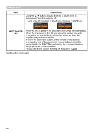 Page 6060
OPTION menu
Item Description
AUTO POWER 
OFF
DXWRPDWLFDOO\WXUQWKHSURMHFWRURII
/RQJPD[PLQXWHV
6KRUWPLQPLQXWH ,6$%/(
:KHQWKHWLPHLVVHWWRWKHSURMHFWRULVQRWWXUQHGRIIDXWRPDWLFDOO\

SURMHFWRUODPSZLOOEHWXUQHGRII


WUDQVPLWWHGWRWKHCONTROLSRUWGXULQJWKHFRUUHVSRQGLQJWLPH
WKHSURMHFWRUZLOOQRWEHWXUQHGRII
3OHDVHUHIHUWRWKHVHFWLRQTurning off the power
(22
FRQWLQXHGRQQH[WSDJH 