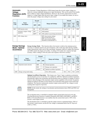 Page 106SJ7002 Inverter
Configuring Drive Parameters
3–23
Automatic 
Vo l t a g e
Regulation (AVR) 
FunctionThe Automatic Voltage Regulation (AVR) feature keeps the inverter output voltage at a 
relatively constant ampl itude during power input fluctuations. Th is can be useful if the installa-
tion is subject to input volta ge disturbances. However, the  inverter cannot boost its motor 
output to a voltage higher than the power input  voltage. If you enable this feature, be sure to 
select the proper voltage...