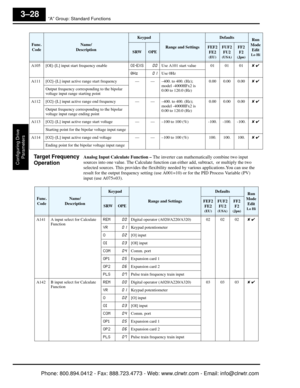 Page 111“A” Group: Standard Functions
Configuring Drive Parameters
3–28
Target Frequency 
OperationAnalog Input Calculate Function –  The inverter can mathematically combine two input 
sources into one value. The Calc ulate function can either add, subtract,  or multiply the two 
selected sources. This provides the flexibility  needed by various applications.You can use the 
result for the output frequency setting (use  A001=10) or for the PID Process Variable (PV) 
input (use A075=03).
A105 [OI]–[L] input start...