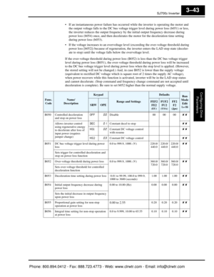 Page 126SJ7002 Inverter
Configuring Drive Parameters
3–43
 If an instantaneous power failure has occurred while the inverter is operating the motor and the output voltage falls to the  DC bus voltage trigger level dur ing power loss (b051) or less, 
the inverter reduces the output frequency by the initial output frequency decrease during 
power loss (b054) once, and then decelerates the motor for th e deceleration time setting 
during power loss (b053).
 If the voltage increases to an overvoltage le vel...