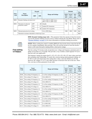 Page 130SJ7002 Inverter
Configuring Drive Parameters
3–47
B090: Dynamic braking usage ratio –  This parameter limits the amount of time the inverter 
can use the dynamic braking accessory device with out entering the Trip Mode. Please refer to 
“
Dynamic Braking” on page 5–6 for more information on  dynamic braking accessories.
NOTE: When cooling fan control is enabled (B092=01) the inverter always turns the fan ON 
for five minutes immediately after  powerup. This will cool the inverter in case the inverter /...