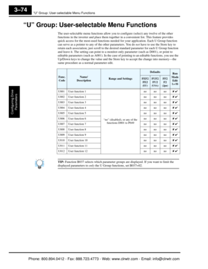 Page 157“U” Group: User-selectable Menu Functions
Configuring Drive Parameters
3–74
“U” Group: User-selectable Menu Functions
The user-selectable menu functions allow you to configure (select) any twelve of the other 
functions in the inverter and place them together  in a convenient list. This feature provides 
quick access for the most-used functions needed  for your application. Each U Group function 
can serve as a pointer to any of  the other parameters. You do not have to use the Store key to 
retain each...