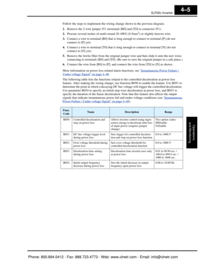 Page 166SJ7002 Inverter
Operations
and Monitoring
4–5
Follow the steps to implement the wiring change shown in the previous diagram.
1. Remove the 2-wire jumper J51 (terminals [R0] and [T0] to connector J51). 
2. Procure several inches of multi-strand 20 AWG (0.5mm
2) or slightly heavier wire.
3. Connect a wire to terminal [R0] that is lo ng enough to connect to terminal [P] (do not 
connect to [P] yet).
4. Connect a wire to terminal [T0] that is long enough to connect to terminal [N] (do not 
connect to [N]...