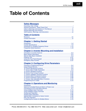 Page 18xviiSJ7002 Inverter
Safety Messages
Hazardous High Voltage                                                                                             i
General Precautions - Read These First!                                                                    ii
Index to Warnings and Cautions in This Manual                                                        iv
General Warnings and Cautions                                                                                ix
UL® Cautions, Warnings, and...
