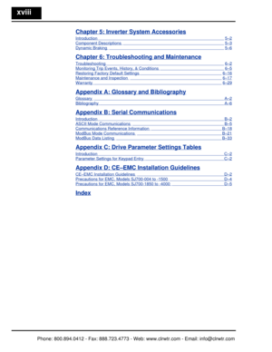 Page 19xviii
Chapter 5: Inverter System Accessories
Introduction                                                                                                             5–2
Component Descriptions                                                                                        5–3
Dynamic Braking                                                                                                    5–6
Chapter 6: Troubleshooting and Maintenance
Troubleshooting...