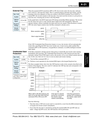 Page 182SJ7002 Inverter
Operations
and Monitoring
4–21
External Trip   When the terminal [EXT] transitions OFF-to-ON,  the inverter enters the trip state, indicates 
error code E12, and stops the output. This is a  general purpose interrupt type feature, and the 
meaning of the error depends on what you connect  to the [EXT] terminal. Even if [EXT] is 
turned OFF, the inverter remains in the trip stat e. You must reset the inverter or cycle power to 
clear the error, returning the inverter to the Stop Mode.
In...