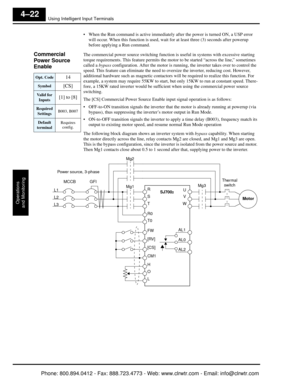 Page 183Using Intelligent Input Terminals
Operations
and Monitoring
4–22
 When the Run command is active immediately after the power is turned ON, a USP error  will occur. When this function is used, wait  for at least three (3) seconds after powerup 
before applying a Run command.
Commercial 
Power Source 
Enable   The commercial power source switching function is  useful in systems with excessive starting 
torque requirements. This feature permits the mo tor to be started “across the line,” sometimes 
called a...