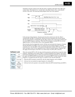 Page 184SJ7002 Inverter
Operations
and Monitoring
4–23
Switching to inverter control occurs after the mo tor is running at full speed. First, Mg2 relay 
contacts open. Then about 0.5 to 1 seconds later, relay Mg3 contacts  close, connecting the 
inverter to the motor. The following timing diagram shows the event sequence:
In the previous timing diagram, when the mo tor has been started across the line, Mg2 is 
switched OFF and Mg3 is switched ON. With the Forward command to the inverter already 
ON, the [CS]...