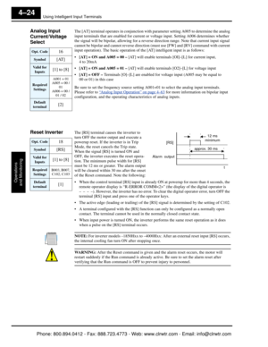 Page 185Using Intelligent Input Terminals
Operations
and Monitoring
4–24
Analog Input 
Current/Voltage 
Select   The [AT] terminal operates in c onjunction with parameter setting A005 to determine the analog 
input terminals that are enabled for current or  voltage input. Setting A006 determines whether 
the signal will be bipolar, allowing for a reverse direction range. Note th at current input signal 
cannot be bipolar and cannot reverse direction  (must use [FW] and [RV] command with current 
input...