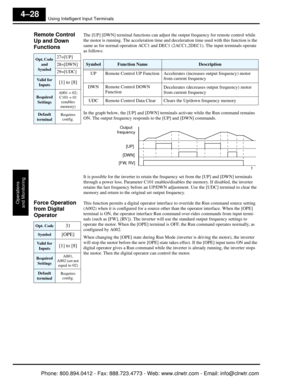 Page 189Using Intelligent Input Terminals
Operations
and Monitoring
4–28
Remote Control 
Up and Down 
Functions   The [UP] [DWN] terminal functions can adjust the output frequency for remote control while 
the motor is running. The acceleration time and deceleration time used with this function is the 
same as for normal operation ACC1 and DEC1  (2ACC1,2DEC1). The input terminals operate 
as follows:
In the graph below, the [UP] and [DWN] terminals activate while the Run command remains 
ON. The output frequency...
