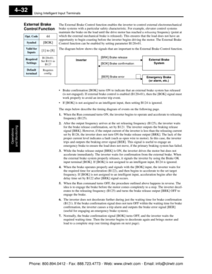 Page 193Using Intelligent Input Terminals
Operations
and Monitoring
4–32
External Brake 
Control Function   The External Brake Control function enables the inverter to control external electromechanical 
brake systems with a particular safety characteristic. For example, elevator control systems 
maintain the brake on the load until the drive motor has reached a  releasing frequency (point at 
which the external mechanical brake is released).  This ensures that the load does not have an 
opportunity to begin...