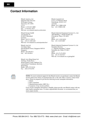 Page 21xx
Contact Information
NOTE: To receive technical support for the Hitachi  inverter you purchased, contact the Hitachi 
inverter dealer from whom you purchased the unit, or the sales office or factory contact listed 
above. Please be prepared to provide the  following inverter nameplate information:
1. Model
2. Date of purchase
3. Manufacturing number (MFG No.)
4. Symptoms of any inverter problem
If any inverter nameplate informat ion is illegible, please provide your Hitachi contact with any 
other...