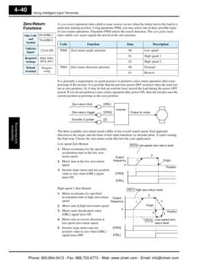 Page 201Using Intelligent Input Terminals
Operations
and Monitoring
4–40
Zero-Return 
Functions   A  zero-return  operation (also called a  home-return) occurs when the motor moves the load to a 
particular starting position. Us ing parameter P068, you may select one of three possible types 
of zero-return operations. Parameter P 069 selects the search direction. The zero pulse input 
(also called  zone input) signals the arrival at the zero position.
It is generally a requirement (or good practice)  to perform...