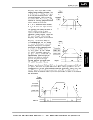Page 206SJ7002 Inverter
Operations
and Monitoring
4–45
Frequency arrival output [FA1] uses the 
standard output frequency (parameter F001) 
as the threshold for switching. In the figure 
to the right, the inverter accelerates to the 
set output frequency, wh ich serves as the 
threshold for [FA1]. Parameters F
on and Foff 
illustrate the hysteresis  that prevents output 
chatter near the threshold value.

on is 1% of the max. output frequency

off is 2% of the max. output frequency
The hysteresis effect causes...