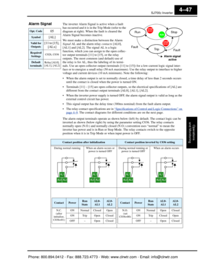 Page 208SJ7002 Inverter
Operations
and Monitoring
4–47
Alarm Signal   The inverter Alarm Signal is active  when a fault 
has occurred and it is in the Trip Mode (refer to the 
diagram at right). When  the fault is cleared the 
Alarm Signal becomes inactive.
We must make a distinction between the Alarm 
Signal  AL and the alarm relay  contacts [AL0], 
[AL1] and [AL2]. The signal AL is a logic 
function, which you can assign to the open collec-
tor output terminals [11]  to [15], or the relay 
outputs. The most...