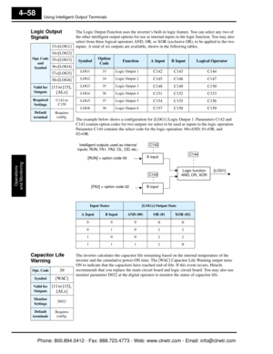 Page 219Using Intelligent Output Terminals
Operations
and Monitoring
4–58
Logic Output 
Signals   The Logic Output Function uses the inverter’s bu ilt-in logic feature. You can select any two of 
the other intelligent output options for use as in ternal inputs to the logic function. You may also 
select from three logical operators AND, OR, or XOR  (exclusive OR), to be applied to the two 
inputs. A total of six outputs are avai lable, shown in the following tables.
The example below shows a configuration for...