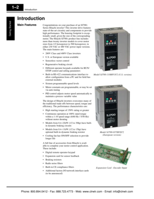 Page 23Introduction
Geting Started
1–2
Introduction
Main FeaturesCongratulations on your purchase of an SJ7002 
Series Hitachi inverter! This inverter drive features 
state-of-the-art circuitry and components to provide 
high performance. The housing footprint is excep-
tionally small, given the size of the corresponding 
motor. The Hitachi SJ700
2 product line includes 
more than twenty inverter models to cover motor 
sizes from 1/2 horsepower to 500 horsepower, in 
either 230 VAC or 480 VAC power input...