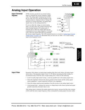Page 224SJ7002 Inverter
Operations
and Monitoring
4–63
Analog Input Operation
Input Terminal 
SignalsSJ7002 inverters provide for an external analog 
input to command the inverter frequency output 
value. The analog input terminal group includes 
the [L], [OI], [O], [O2], and [H] terminals on the 
control connector, which provide for Voltage [O] 
and [O2] or Current [OI]  input. All analog input 
signals must use the analog ground [L].
If you use either the voltage or current analog 
input, you must select on e...