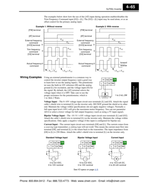 Page 226SJ7002 Inverter
Operations
and Monitoring
4–65
The examples below show how the use of the [AT] input during operation enables/disables the 
Trim Frequency Command input [O2]—[L]. The [O2] —[L] input may be used alone, or as an 
offset control for the primary analog input.
Wiring ExamplesUsing an external potentiom eter is a common way to 
control the inverter output frequency (and a good way 
to learn how to use the analog inputs). The potentiome-
ter uses the built-in 10V reference [H] and the analog...