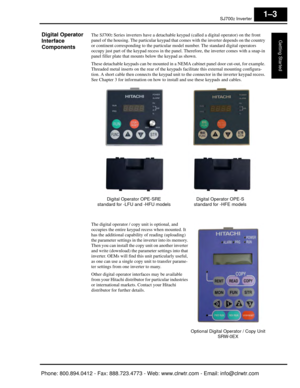 Page 24SJ7002 Inverter
Getting Started
1–3
Digital Operator 
Interface
ComponentsThe SJ7002 Series inverters have a detachable keypad (called a digital operator) on the front 
panel of the housing. The particular keypad that  comes with the inverter depends on the country 
or continent corresponding to the particular  model number. The standard digital operators 
occupy just part of the keypad recess in the panel. Therefore, the inverter comes with a snap-in 
panel filler plate that mount s below the keypad as...