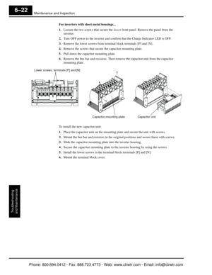 Page 269Maintenance and Inspection
Troubleshooting
and Maintenance
6–22
For inverters with sheet metal housings...
1. Loosen the two screws that secure the  lower front panel. Remove the panel from the 
inverter.
2. Turn OFF power to the inverter and confirm that the Charge Indicator LED is OFF.
3. Remove the lower screws from term inal block terminals [P] and [N].
4. Remove the screws that secure  the capacitor mounting plate.
5. Pull down the capacitor mounting plate.
6. Remove the bus bar and resistors. Then...