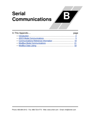 Page 284Serial 
Communications
In This Appendix....page
— Introduction.......................................................................................   2
— ASCII Mode Communications...........................................................   5
— Communications Reference Information........................................   18
— ModBus Mode Communications.....................................................   21
— ModBus Data Listing..........................................................................