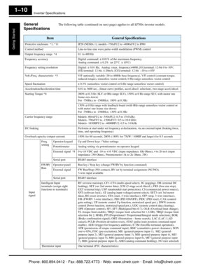 Page 31Inverter Specifications
Geting Started
1–10
General
SpecificationsThe following table (continued on next page) applies to all SJ7002 inverter models.
ItemGeneral Specifications
Protective enclosure  *1, *11 IP20 (NEMA 1); models -750xFU2 to -4000xFU2 is IP00
Control method Line-to-line sine wave pulse-width modulation (PWM) control
Output frequency range  *4 0.1 to 400 Hz
Frequency accuracy Digital command: ± 0.01% of the maximum frequency
Analog command: ± 0.2%  (at 25 °C  ± 10 °C)
Frequency setting...